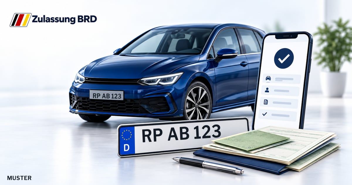 Online Fahrzeugzulassung in Rhein-Pfalz-Kreis: Musterkennzeichen RP AB 123, Auto und Fahrzeugpapiere und Smartphone. Illustration mit Logo von Zulassung BRD.